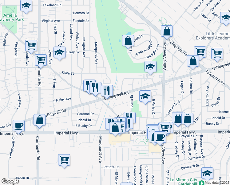map of restaurants, bars, coffee shops, grocery stores, and more near 13857 Leffingwell Road in Whittier