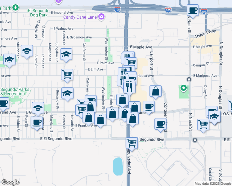 map of restaurants, bars, coffee shops, grocery stores, and more near 425 Indiana Street in El Segundo