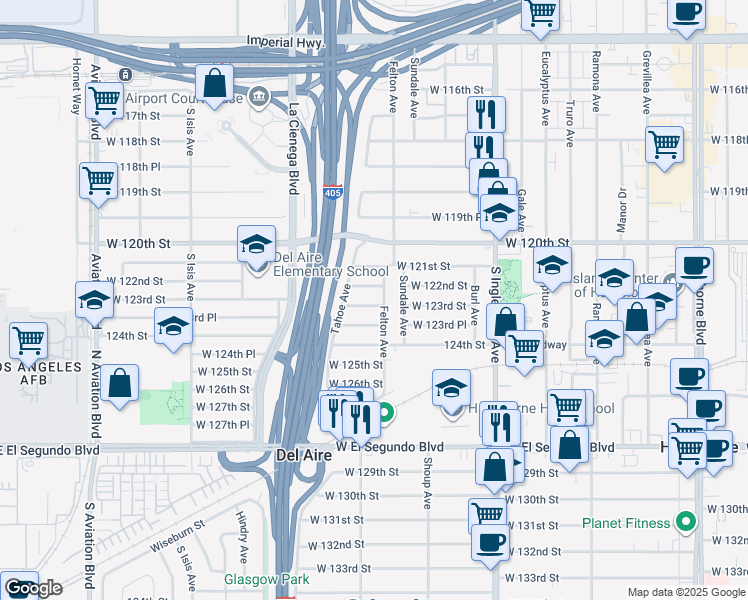 map of restaurants, bars, coffee shops, grocery stores, and more near 5011 West 123rd Place in Hawthorne