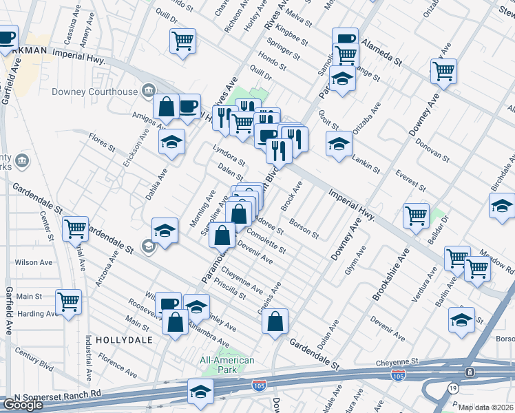 map of restaurants, bars, coffee shops, grocery stores, and more near 12748 Paramount Boulevard in Downey