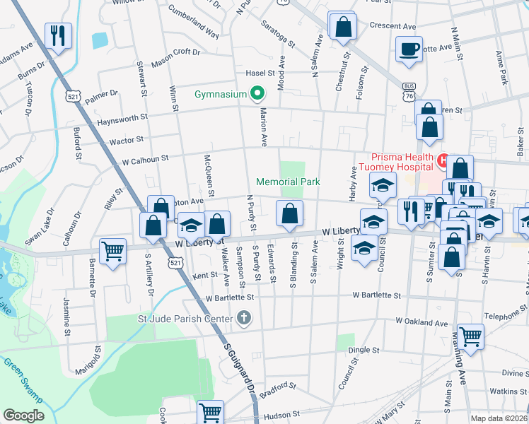map of restaurants, bars, coffee shops, grocery stores, and more near 519 West Liberty Street in Sumter