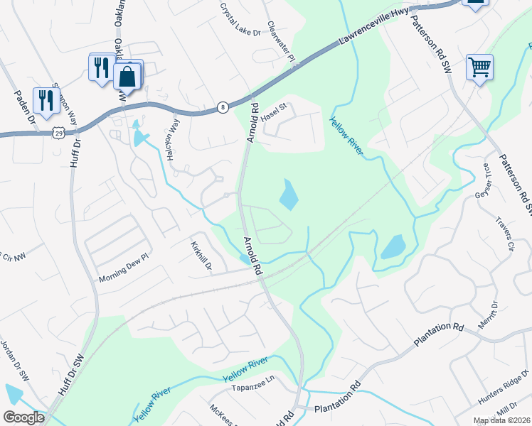 map of restaurants, bars, coffee shops, grocery stores, and more near 466 Laurelton Circle in Lawrenceville