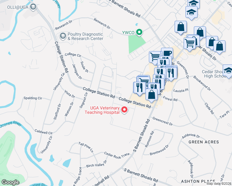 map of restaurants, bars, coffee shops, grocery stores, and more near 110 International Drive in Athens