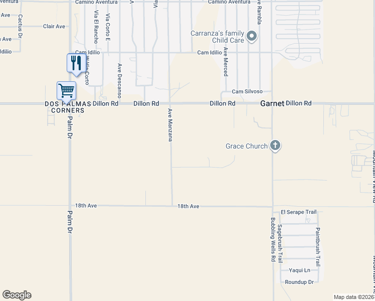 map of restaurants, bars, coffee shops, grocery stores, and more near 67203 Kann Road in Desert Hot Springs