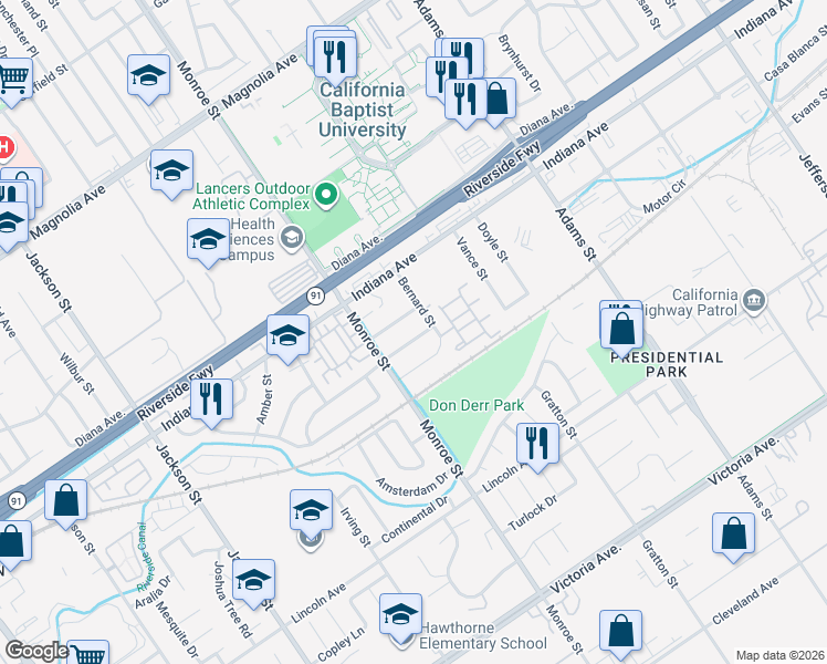 map of restaurants, bars, coffee shops, grocery stores, and more near 8676 Marlene Street in Riverside