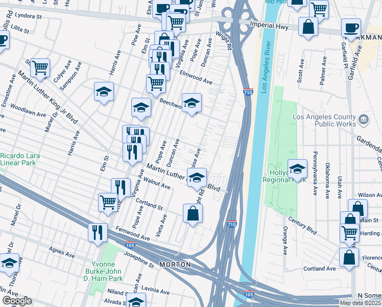 map of restaurants, bars, coffee shops, grocery stores, and more near 11336 Louise Avenue in Lynwood