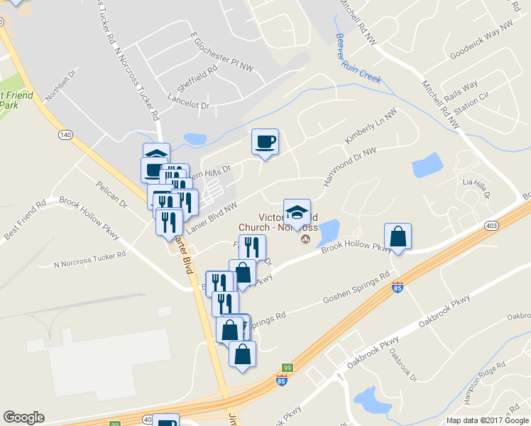 map of restaurants, bars, coffee shops, grocery stores, and more near 5926 Hammond Drive Northwest in Norcross