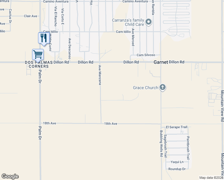 map of restaurants, bars, coffee shops, grocery stores, and more near 15500 Bubbling Wells Road in Desert Hot Springs