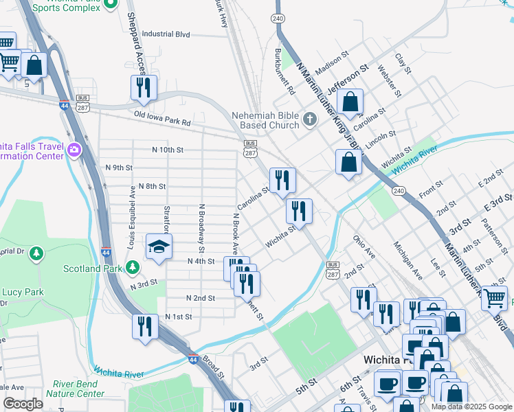 map of restaurants, bars, coffee shops, grocery stores, and more near 900-998 Lincoln St in Wichita Falls