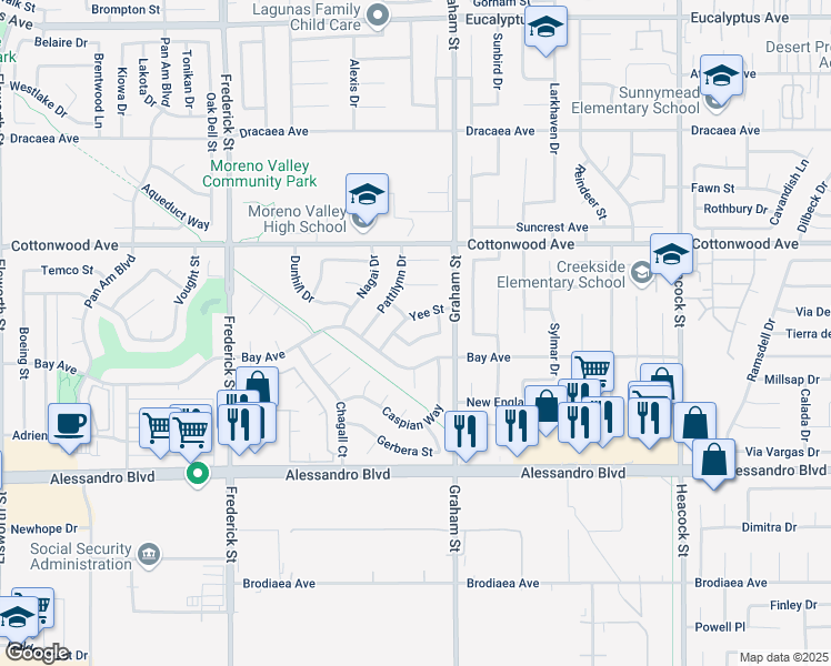 map of restaurants, bars, coffee shops, grocery stores, and more near 23430 Bay Avenue in Moreno Valley