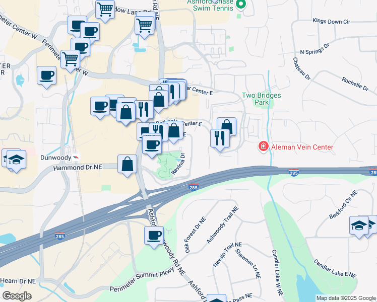 map of restaurants, bars, coffee shops, grocery stores, and more near 3 Ravinia Drive Northeast in Atlanta