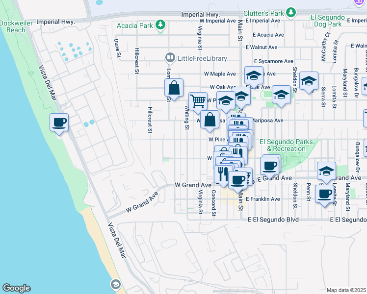 map of restaurants, bars, coffee shops, grocery stores, and more near 423 West Holly Avenue in El Segundo