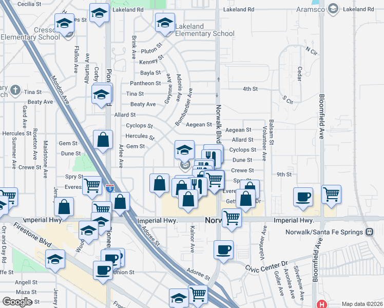 map of restaurants, bars, coffee shops, grocery stores, and more near 12019 Kalnor Avenue in Norwalk