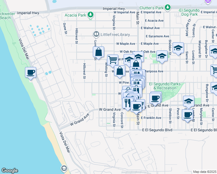 map of restaurants, bars, coffee shops, grocery stores, and more near 423 West Holly Avenue in El Segundo