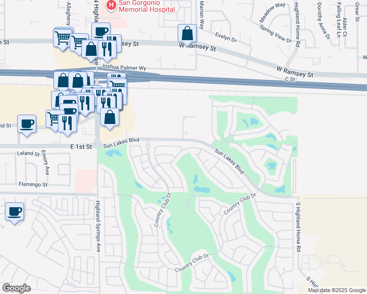 map of restaurants, bars, coffee shops, grocery stores, and more near 5687 Riviera Avenue in Banning