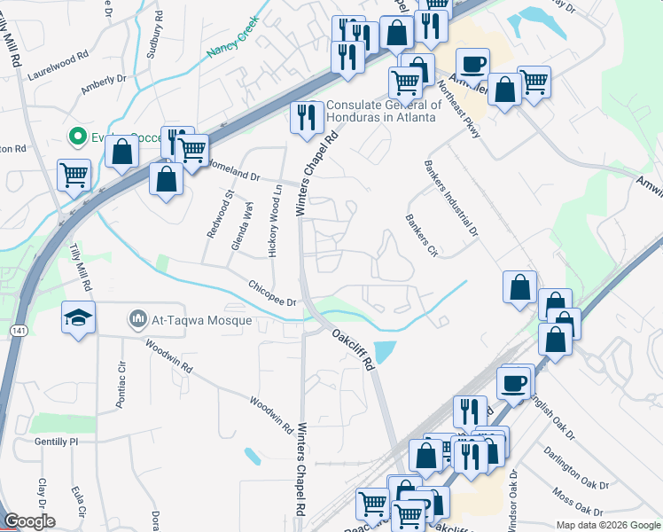 map of restaurants, bars, coffee shops, grocery stores, and more near 4371 Winters Chapel Road in Atlanta