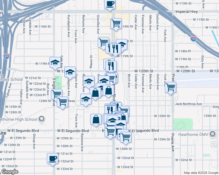 map of restaurants, bars, coffee shops, grocery stores, and more near 12207 Hawthorne Boulevard in Hawthorne