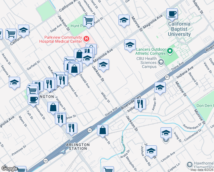 map of restaurants, bars, coffee shops, grocery stores, and more near 3636 Jackson Street in Riverside