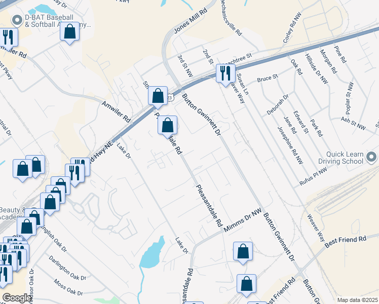 map of restaurants, bars, coffee shops, grocery stores, and more near 6471 Pleasantdale Road in Atlanta