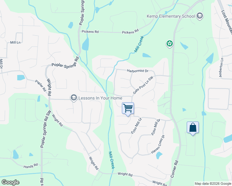 map of restaurants, bars, coffee shops, grocery stores, and more near 5514 Clipper Bay Drive in Powder Springs