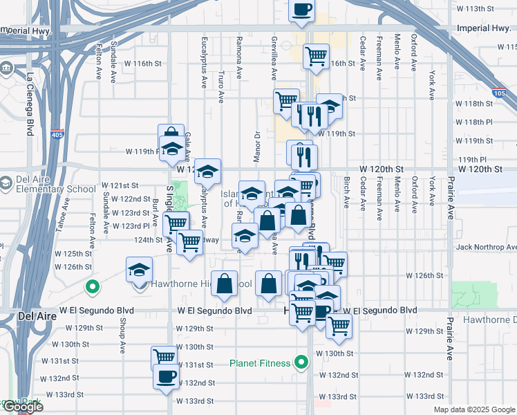 map of restaurants, bars, coffee shops, grocery stores, and more near 12245 Manor Drive in Hawthorne