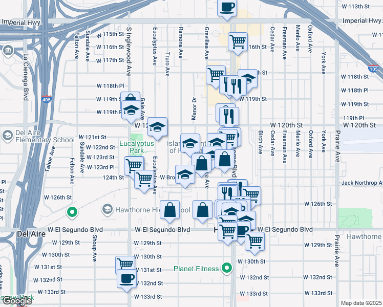 map of restaurants, bars, coffee shops, grocery stores, and more near 12245 Manor Drive in Hawthorne