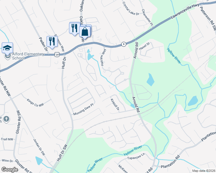 map of restaurants, bars, coffee shops, grocery stores, and more near 2444 Stancrest Lane in Lawrenceville