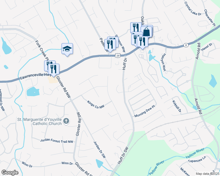 map of restaurants, bars, coffee shops, grocery stores, and more near 138 Regal Way Northwest in Lawrenceville