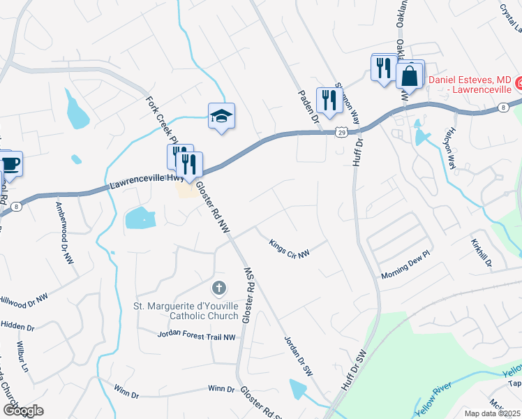 map of restaurants, bars, coffee shops, grocery stores, and more near 3608 Hidden Valley Circle in Lawrenceville