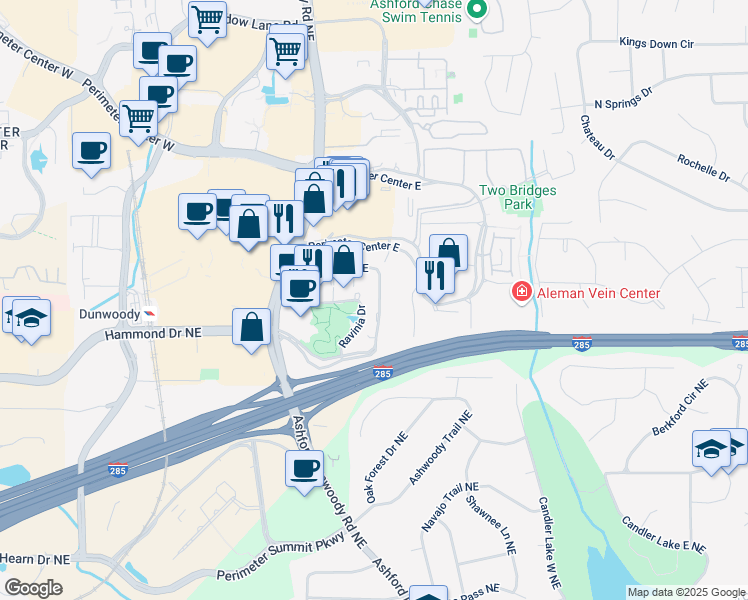 map of restaurants, bars, coffee shops, grocery stores, and more near 3 Ravinia Drive Northeast in Atlanta