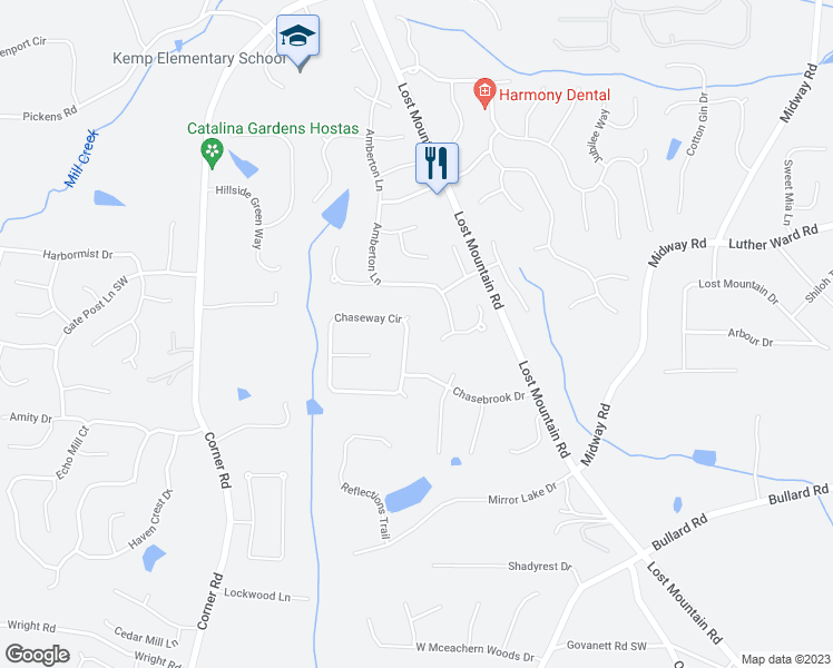 map of restaurants, bars, coffee shops, grocery stores, and more near 1452 Chaseway Circle in Powder Springs