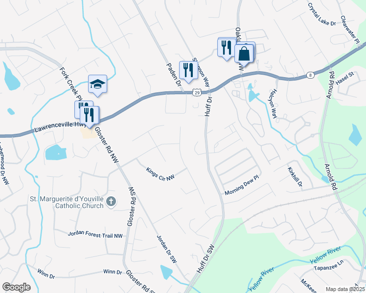 map of restaurants, bars, coffee shops, grocery stores, and more near 138 Regal Way Northwest in Lawrenceville