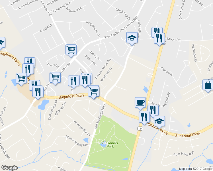 map of restaurants, bars, coffee shops, grocery stores, and more near Drayton Manor Run in Lawrenceville