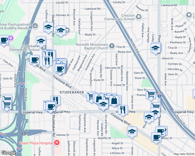 map of restaurants, bars, coffee shops, grocery stores, and more near 12076 Harvest Avenue in Norwalk