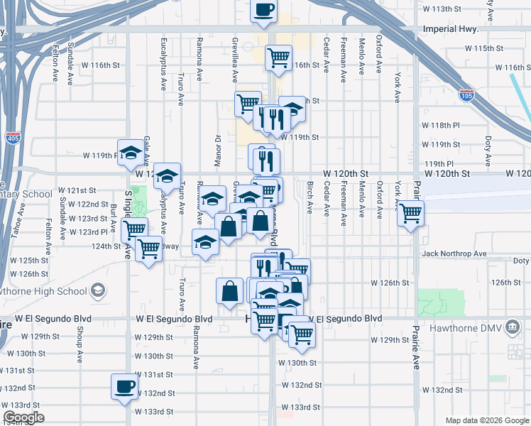 map of restaurants, bars, coffee shops, grocery stores, and more near 12207 Hawthorne Boulevard in Hawthorne