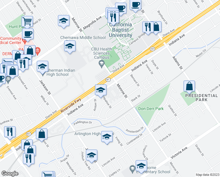 map of restaurants, bars, coffee shops, grocery stores, and more near 3386 Nimes Lane in Riverside