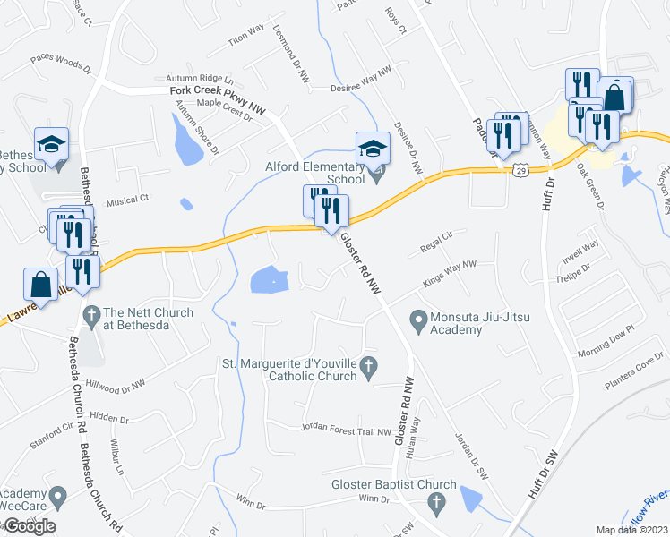 map of restaurants, bars, coffee shops, grocery stores, and more near 2751 Valley Spring Drive in Lawrenceville