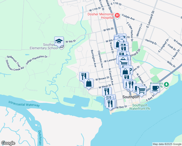 map of restaurants, bars, coffee shops, grocery stores, and more near 614 West Brown Street in Southport