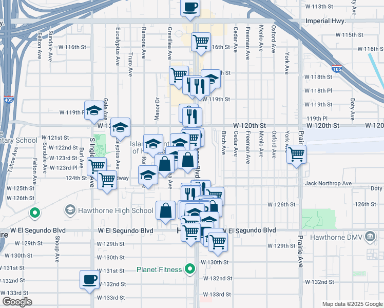 map of restaurants, bars, coffee shops, grocery stores, and more near 12251 Hawthorne Boulevard in Hawthorne