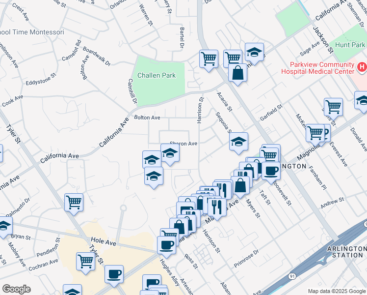 map of restaurants, bars, coffee shops, grocery stores, and more near 9810 Sharon Avenue in Riverside