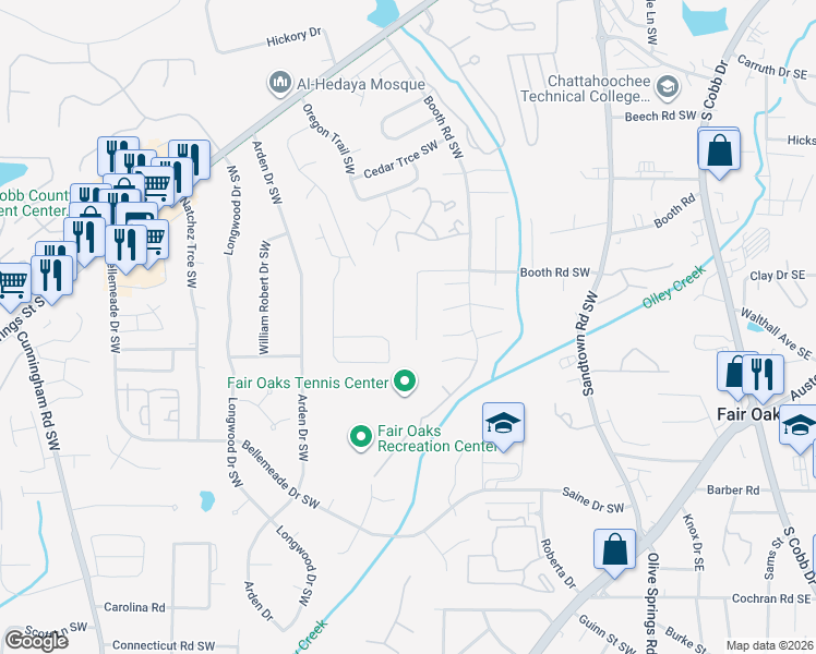 map of restaurants, bars, coffee shops, grocery stores, and more near 1260 Scripps Court Southwest in Marietta
