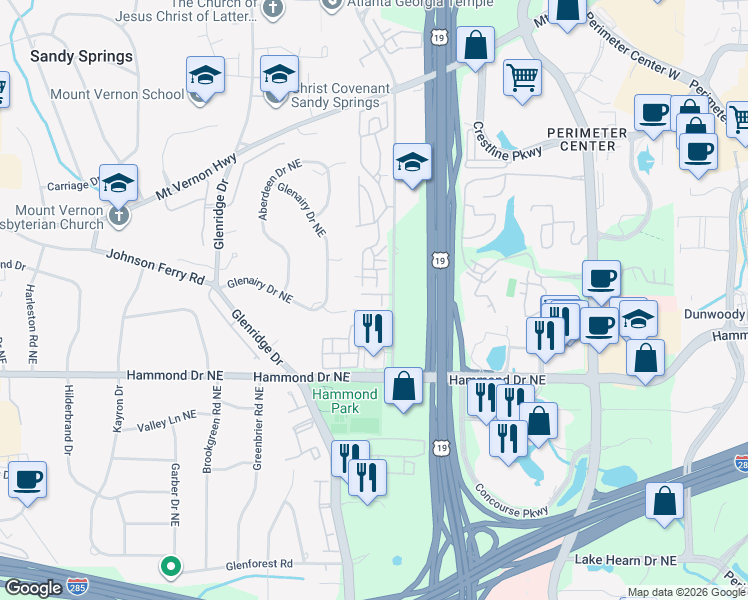 map of restaurants, bars, coffee shops, grocery stores, and more near 6069 Barfield Road in Sandy Springs