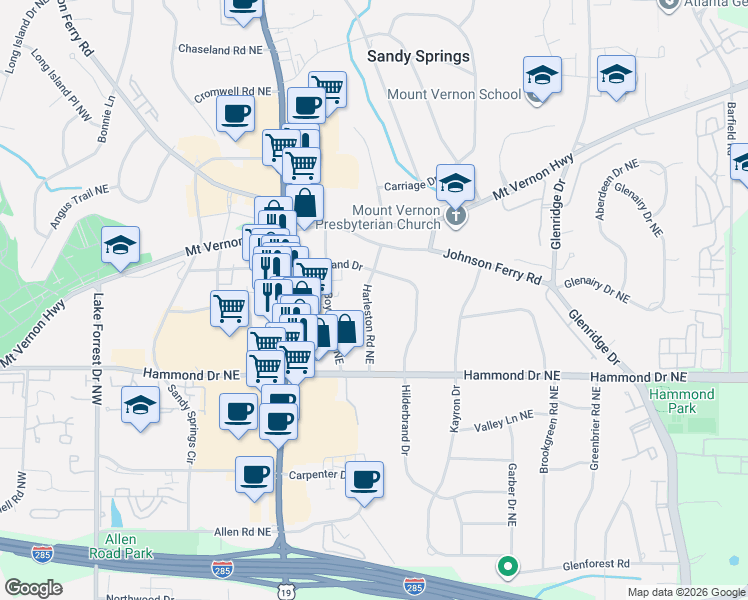 map of restaurants, bars, coffee shops, grocery stores, and more near 373 Hilderbrand Drive in Atlanta