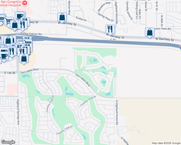 map of restaurants, bars, coffee shops, grocery stores, and more near 588 Twin Hills Drive in Banning