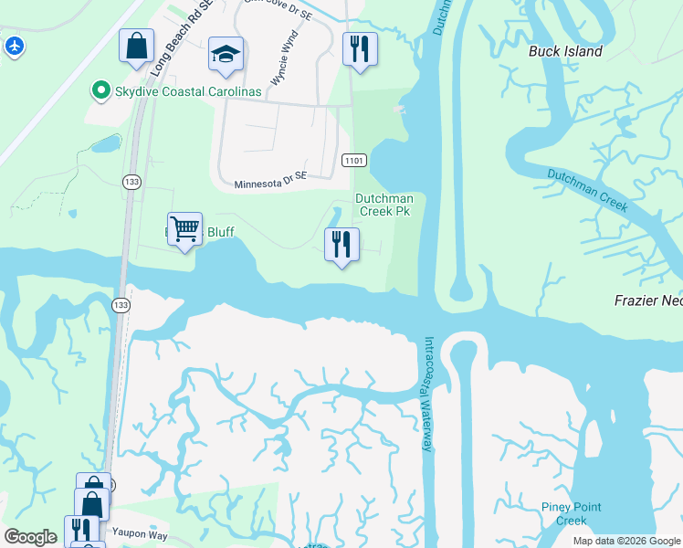 map of restaurants, bars, coffee shops, grocery stores, and more near 4907 Fish Factory Road in Southport