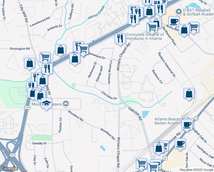 map of restaurants, bars, coffee shops, grocery stores, and more near 4351 Hickory Wood Lane in Atlanta