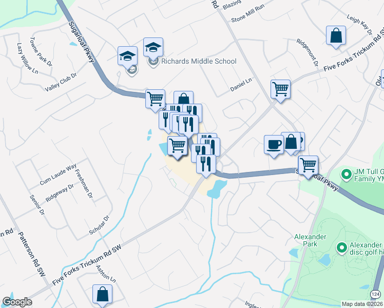 map of restaurants, bars, coffee shops, grocery stores, and more near 3375 Sugarloaf Parkway in Lawrenceville