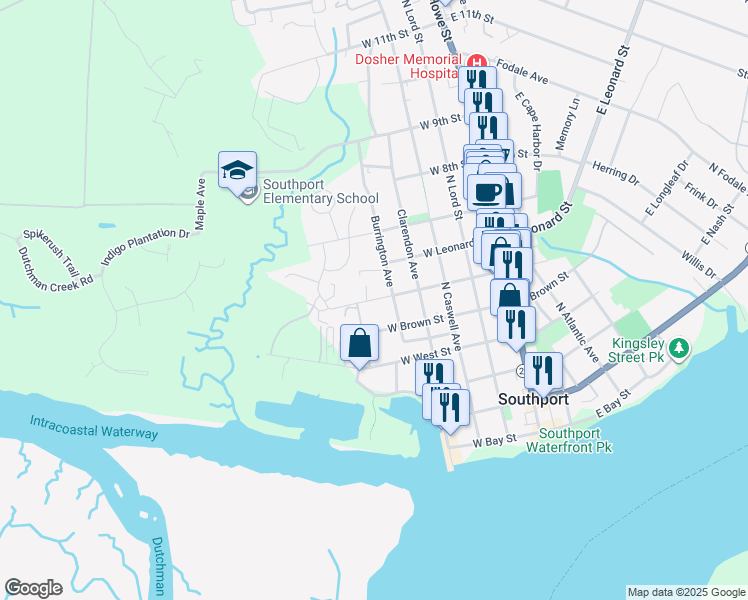 map of restaurants, bars, coffee shops, grocery stores, and more near 504 Burrington Ave in Southport