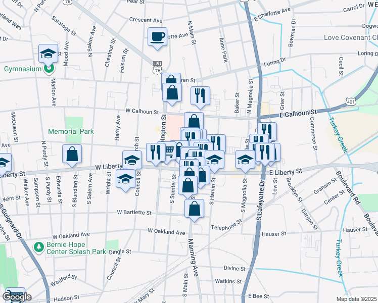 map of restaurants, bars, coffee shops, grocery stores, and more near 7 West Hampton Avenue in Sumter