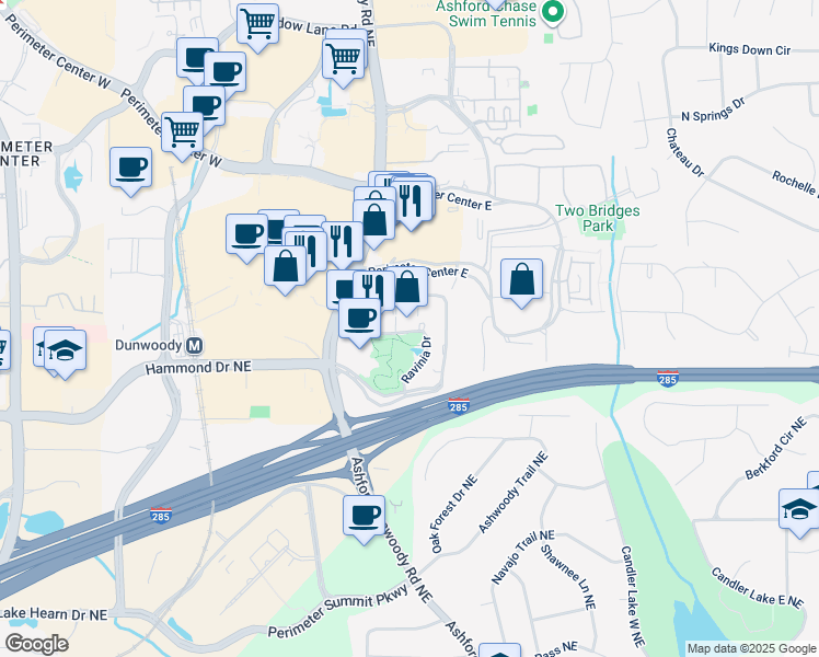 map of restaurants, bars, coffee shops, grocery stores, and more near 2 Ravinia Drive Northeast in Atlanta